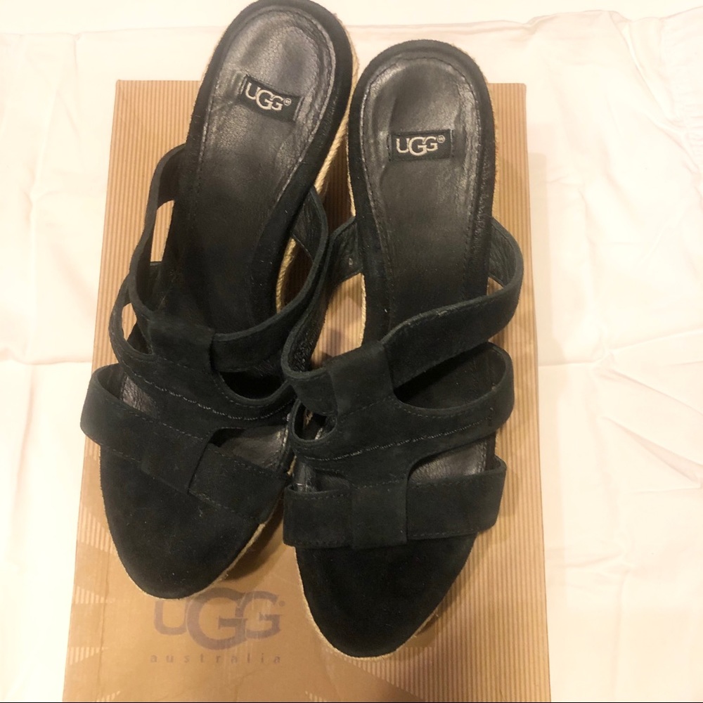Ugg Tawnie Black Sandal 4.5" Heel Suede Sz 8